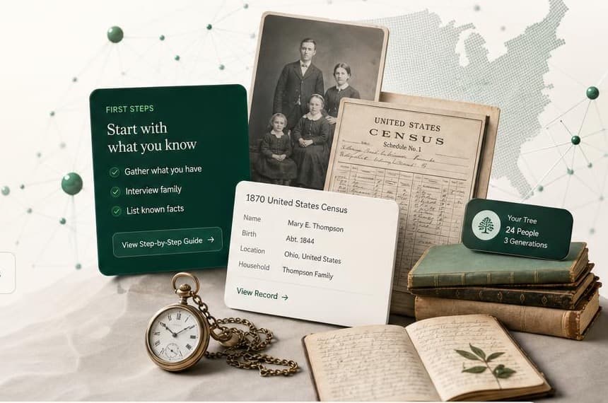 Archival genealogy scene with family portrait, census records, books, pocket watch, and research notes